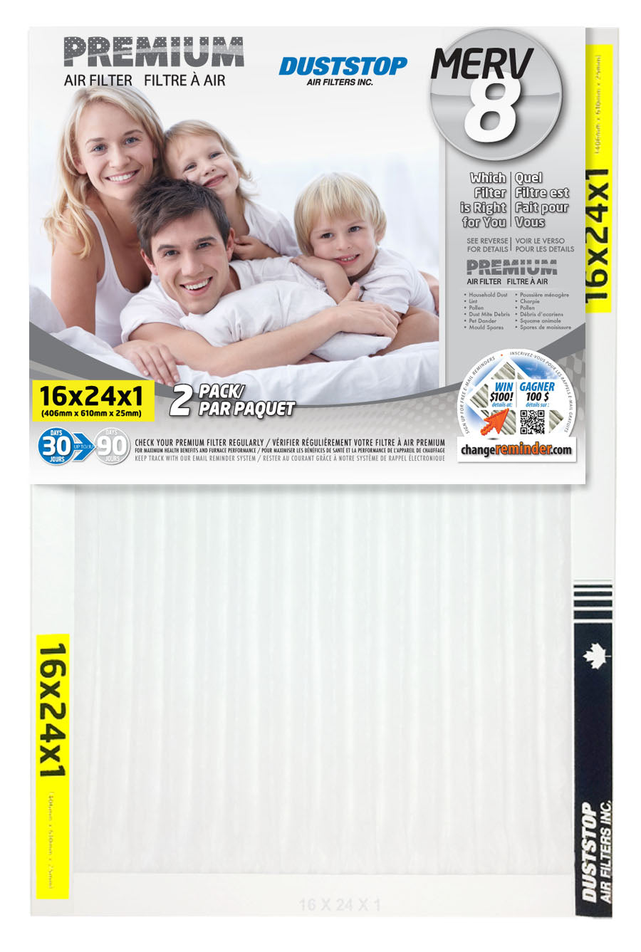 16" x 24" x 1" Premium Air & Furnace Filter - MERV 8 - 12 Packs/Case -2